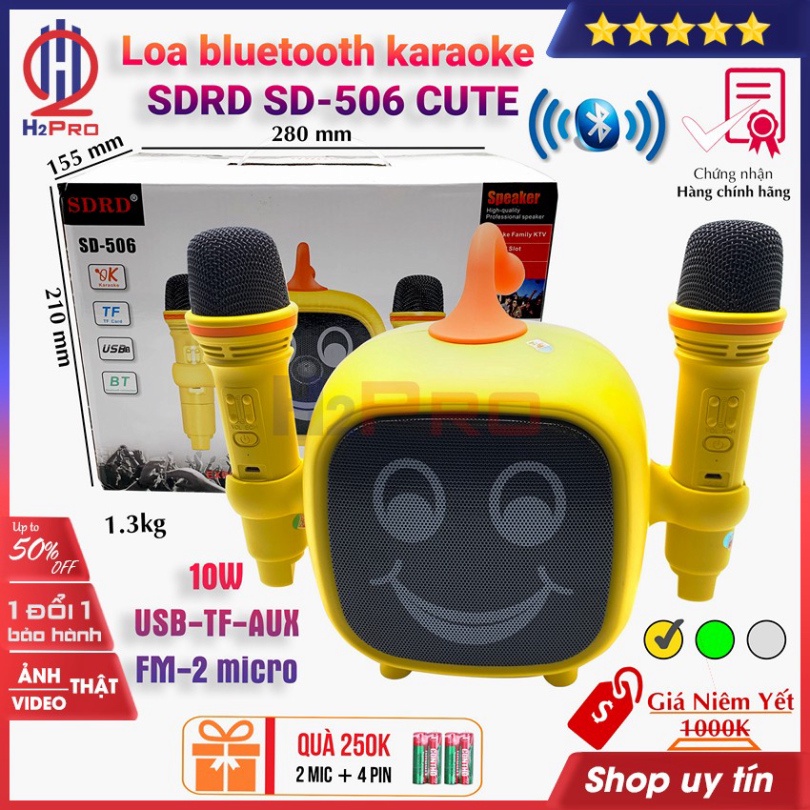 Loa bluetooth karaoke SDRD SD-506 H2Pro CUTE đa năng 10W-USB-TF-AUX-FM-2 micro, (tặng 2 micro và 2 đôi pin 250K)