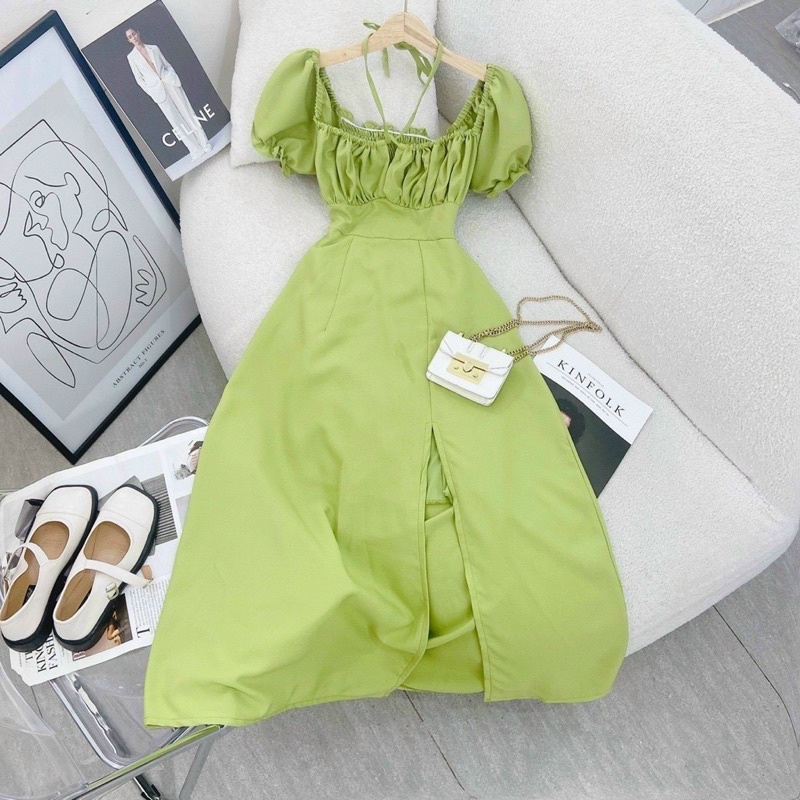 MAXI XANH BƠ RỚT VAI CỔ YẾM CUTOUT LƯNG