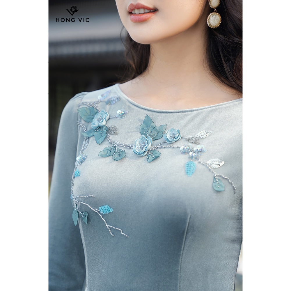 Đầm nhung nữ thiết kế Hongvic xanh dập ly DL355