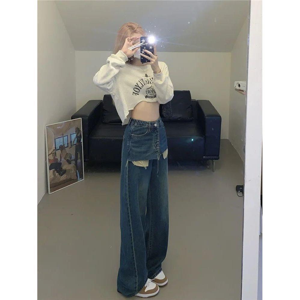 Quần jean ống rộng lưng cao giả hai lớp phong cách đường phố thời trang cho nữ