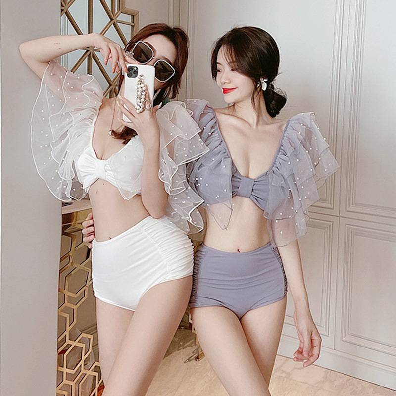 Retro pearl bikini gathered fairy swimsuit cover belly slime splitting swimwear beachwear