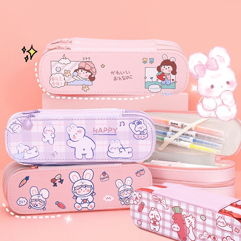 Hoạt Hình Túi Đựng Bút Bằng Da Pu Hai Lớp Chống Thấm Nước Sức Chứa Lớn Có Khóa Kéo