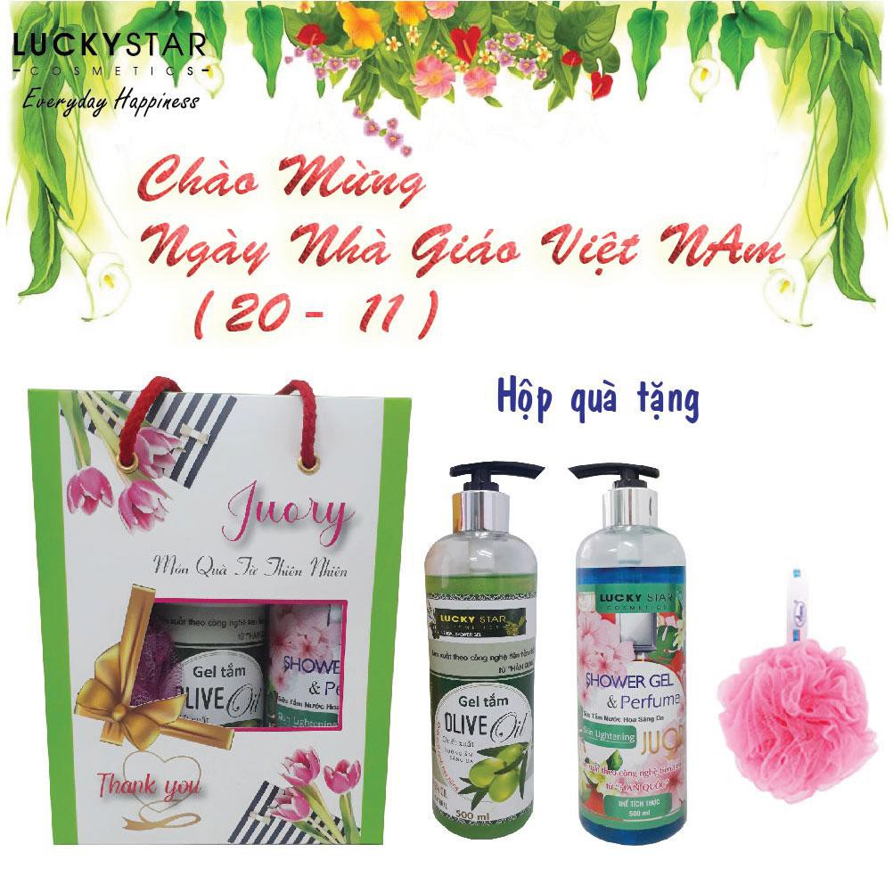 Hộp Quà tặng Combo Sữa tắm Olive Lucky Star 500ml + Sữa tắm Nước Hoa Lucky Star 500ml + Bông tắm