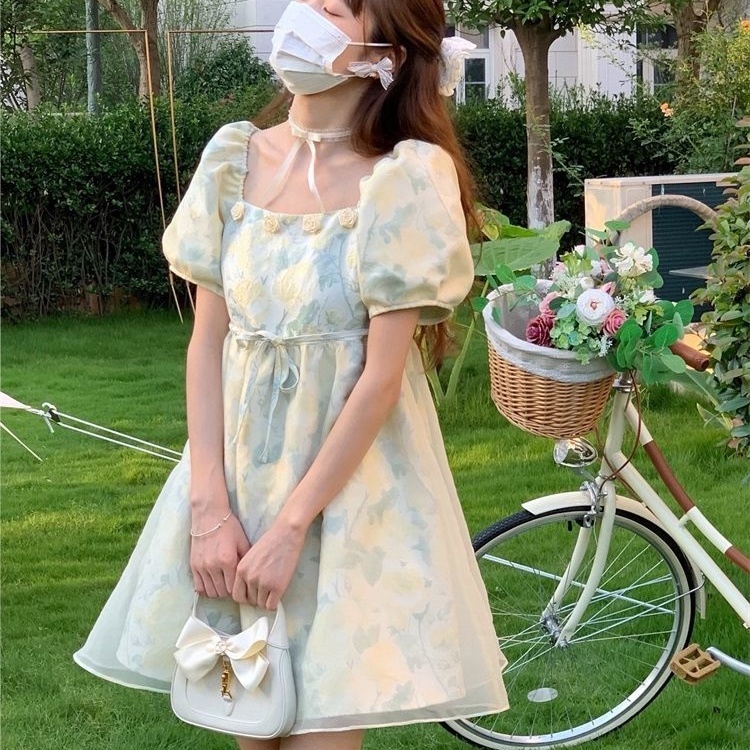 Đầm Chữ a Cổ Vuông Tay Phồng Mẫu Mới Ngọt Ngào Cho Nữ