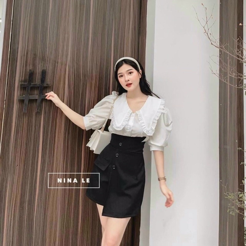 Sét áo trắng cổ bèo + chân váy đắp chéo