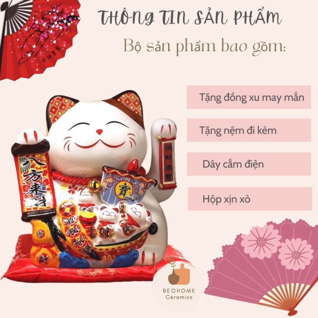 Mèo Thần Tài vẫy tay Mèo May Mắn Mèo Tài lộc Nhật Bản Maneki Neko bắng gốm sứ 20cm