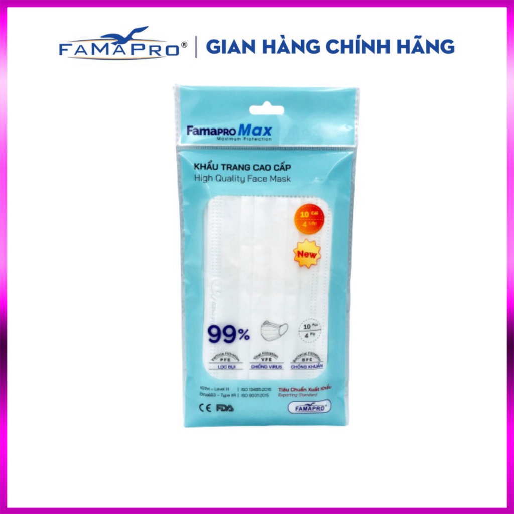 Khẩu trang y tế cao cấp 4 lớp kháng khuẩn Famapro max màu trắng (10 cái /túi )