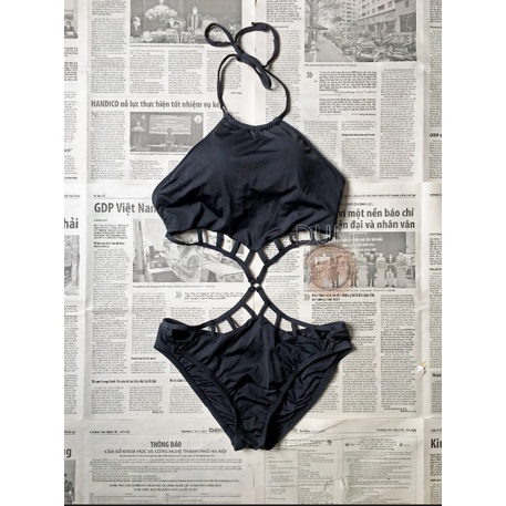 Bikini nữ đồ bơi đi biển liền thân 1 mảnh đen cổ yếm buộc dây có mút cut-out phía trước hở lưng cài khóa có size