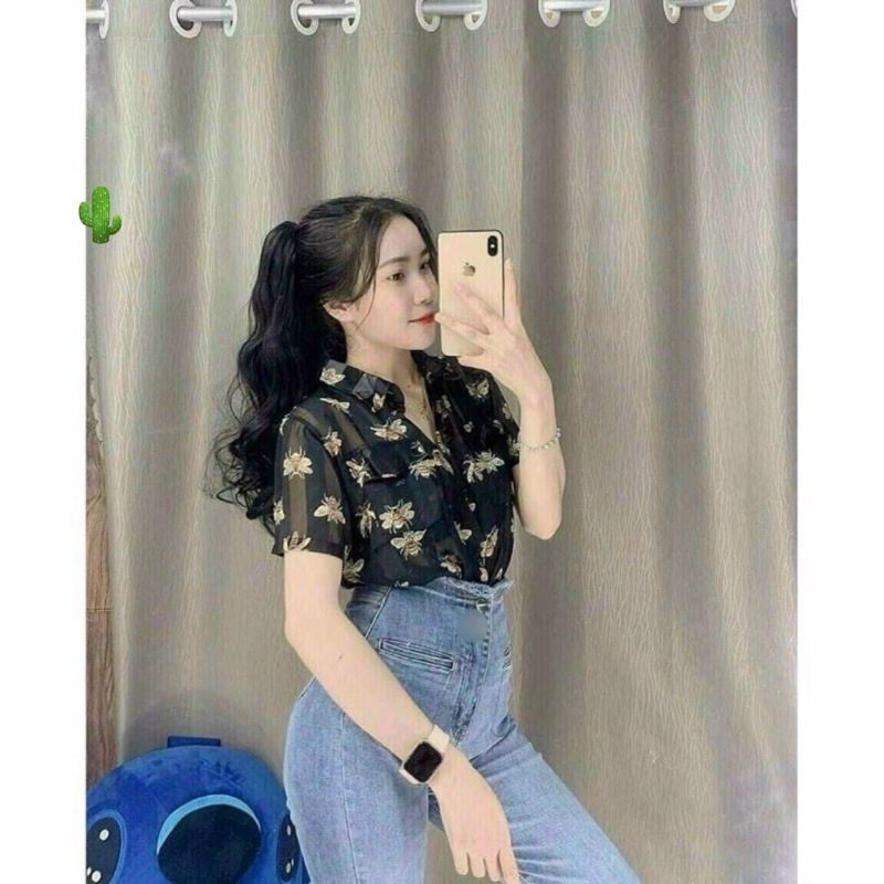 áo sơ mi nữ tay ngắn phối hình con ong xinh xẻo