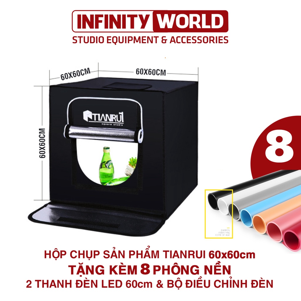 (Tặng kèm 8 phông nền) Hộp đèn chụp ảnh sản phẩm chuyên nghiệp TIANRUI 65x65cm (Đã gồm 2 LED Và DIM điều chỉnh độ sáng)