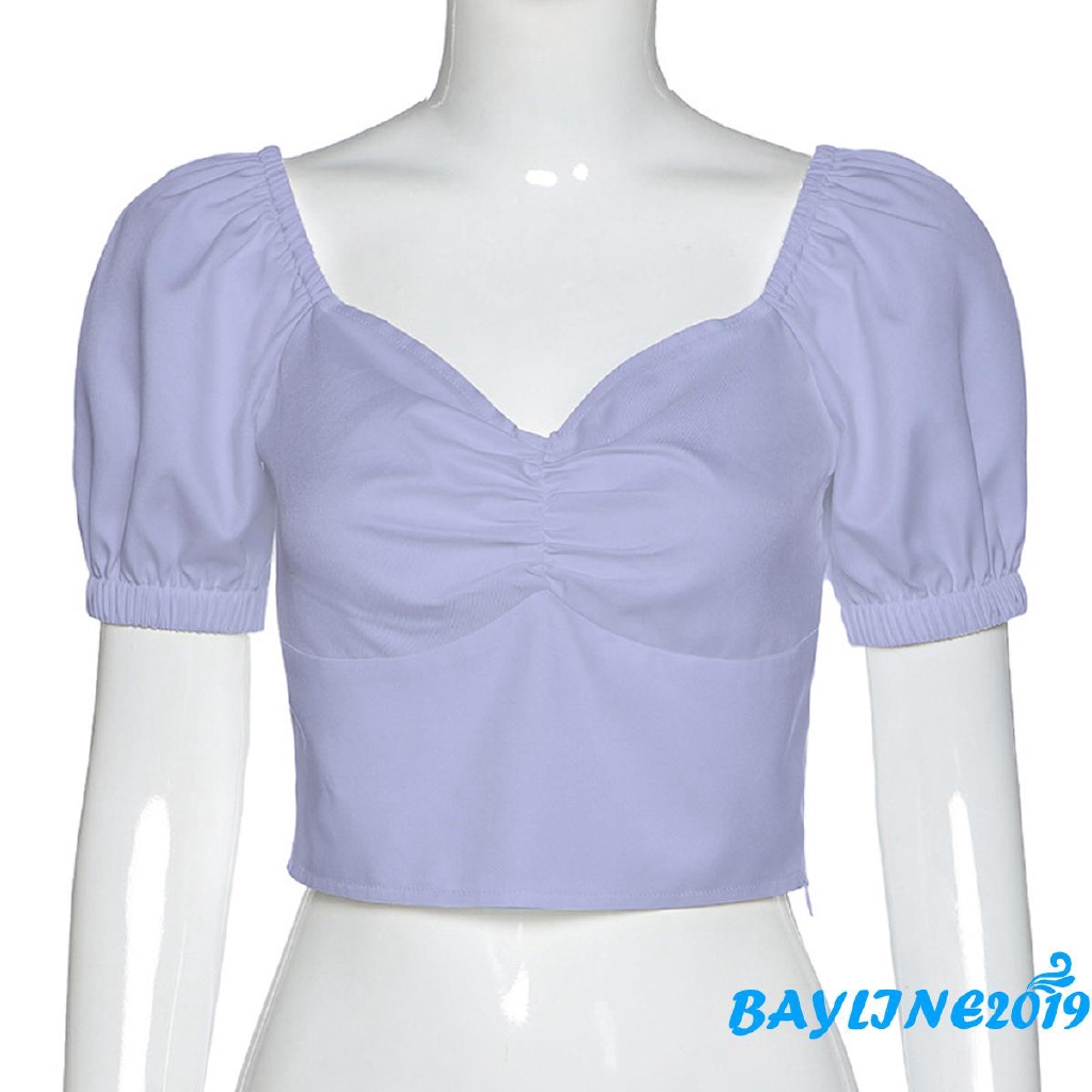 ❀ℳay-Women´s short sleeve square collar bubble elastic sleeve summer solid color top