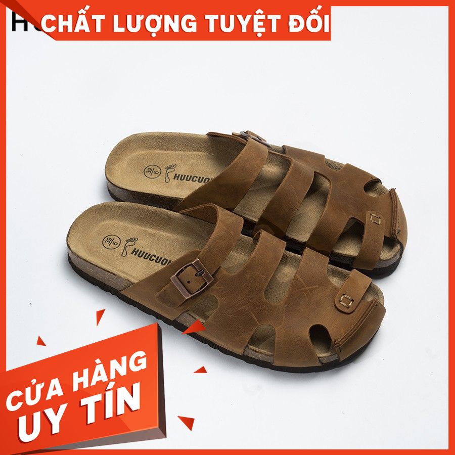 Dép Huucuong bít mũi da bò nâu đế trấu
