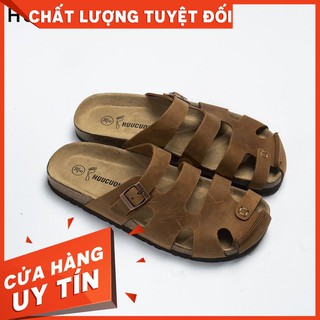 Dép Huucuong bít mũi da bò nâu đế trấu