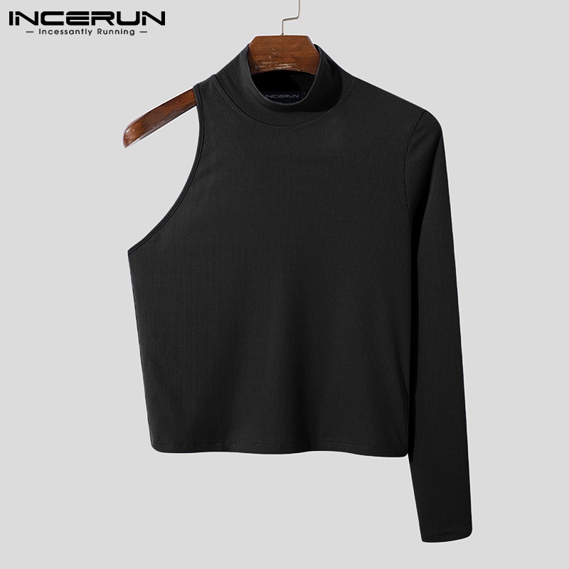 Áo thun thân ngắn INCERUN dáng ôm vừa vặn tay tay dài một bên 3 màu tùy chọn thời trang cho nam