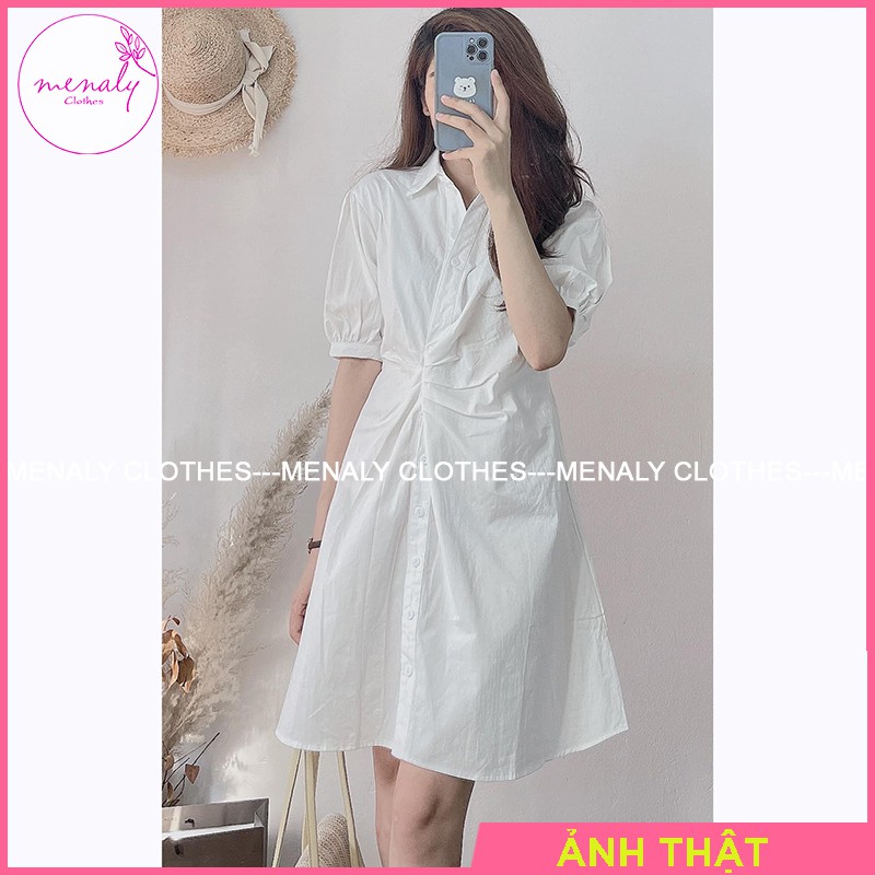 Váy sơ mi thắt eo tay bồng VH056, mẫu váy nhún eo sơ mi dáng ngắn ôm dáng thanh lịch nhẹ nhàng, 3 màu | BigBuy360 - bigbuy360.vn