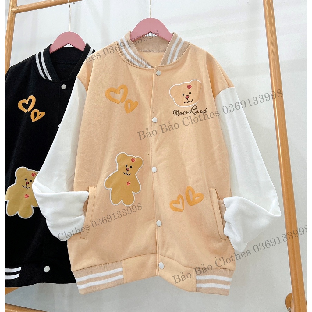 Bomber Khoác Nam Nữ Hoodie Nỉ Con Gấu Nâu Unisex Dáng Rộng Tay Bồng Mũ To