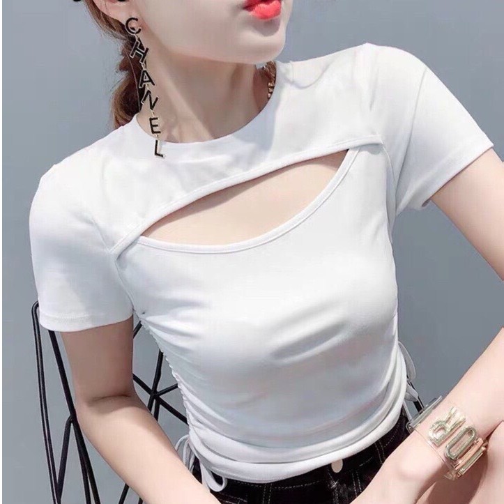 Áo kiểu croptop rút dây hai bên khoét ngực chất thun bozip cực xinh