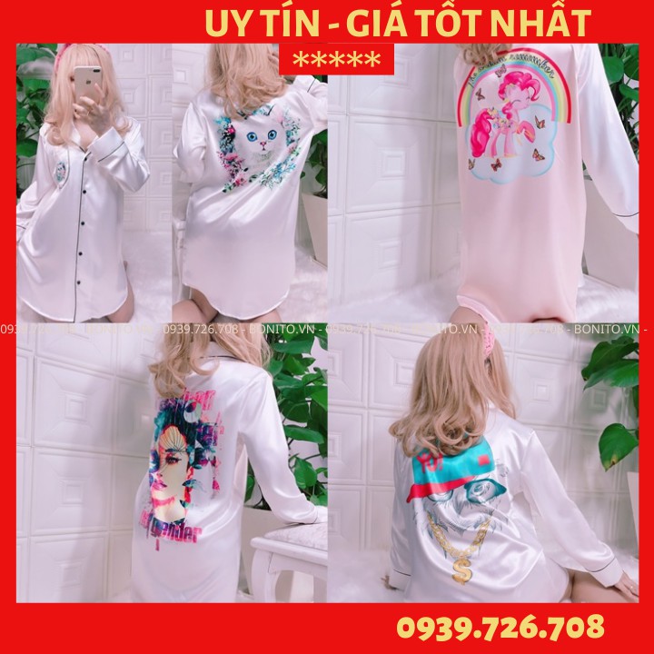 Đầm ngủ nữ❤️FREESHIP❤️ Váy ngủ đầm ngủ pijama kiểu dáng sơ mi màu trắng hàng thiết kế họa tiết đẹp chất lụa cao cấp