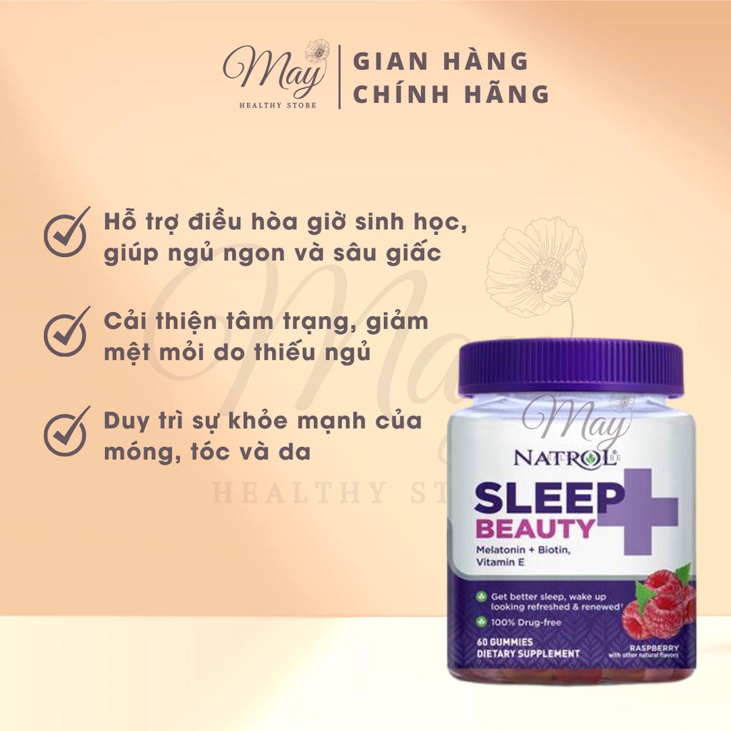 Kẹo Dẻo Cải Thiện Giấc Ngủ, Chăm Sóc Da, Tóc, Móng Natrol Sleep + Beauty Gummy Raspberry (Lọ 60 Viên)