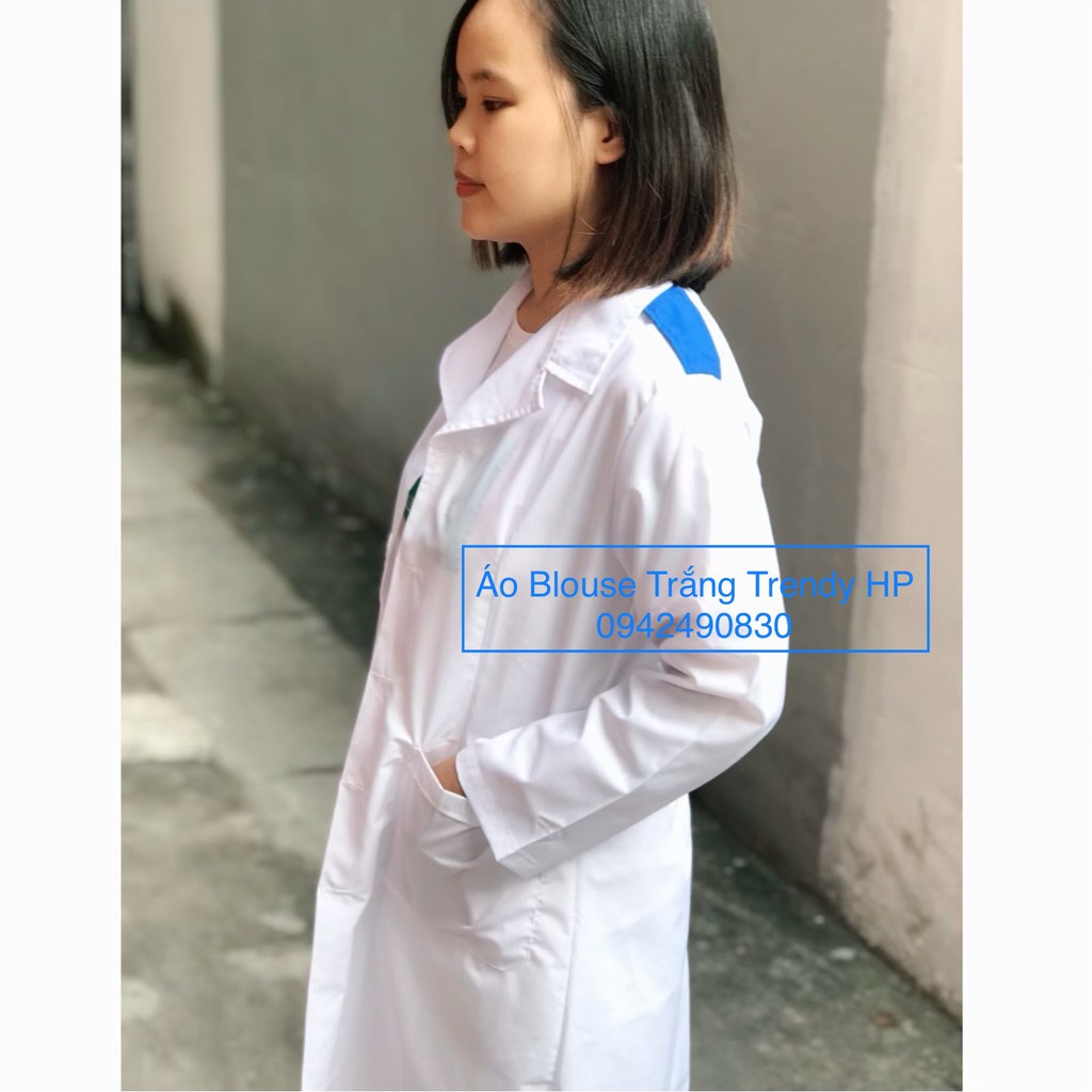 Áo choàng blouse trắng sinh viên thực tập nam nữ - áo blu trắng có cầu vai xanh cho thực tập sinh bác sĩ