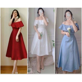 Đầm váy dự tiệc bẹt vai xòe phồng tiểu thư sang chảnh