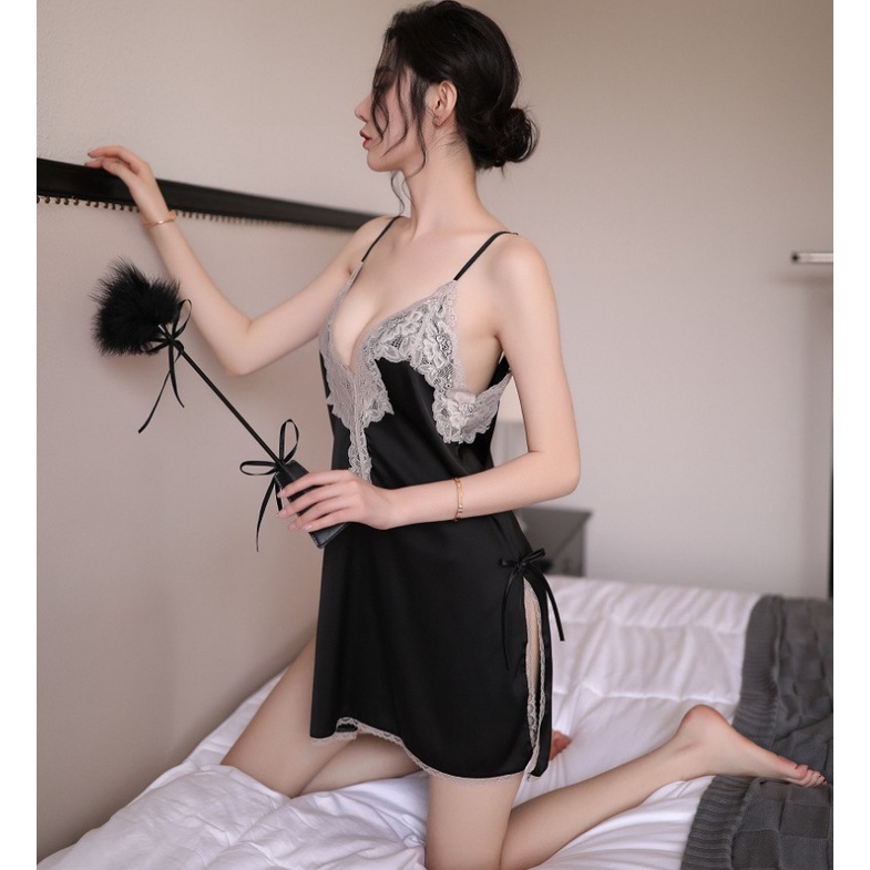 Váy ngủ sexy đầm ngủ gợi cảm đồ ngủ cosplay sẽy 2 dây lụa phối ren xẻ eo ( tặng kèm quần chip lọt khe) VN28