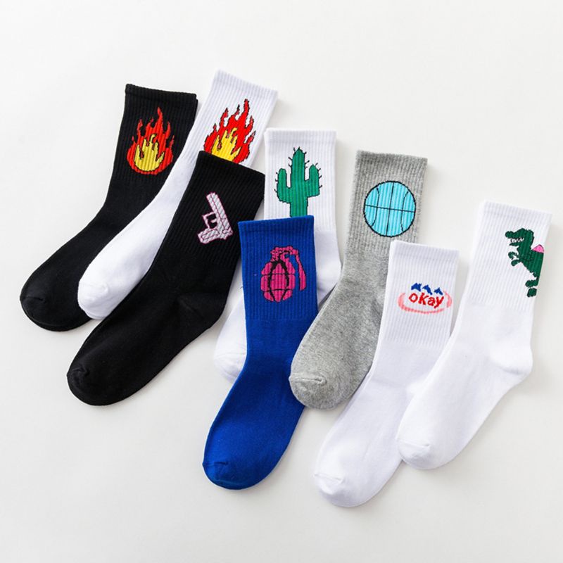 Xixi Vớ cotton Ulzzang họa tiết ngọn lửa cây xương rồng Trung Hoa Harajuku cho học sinh unisex