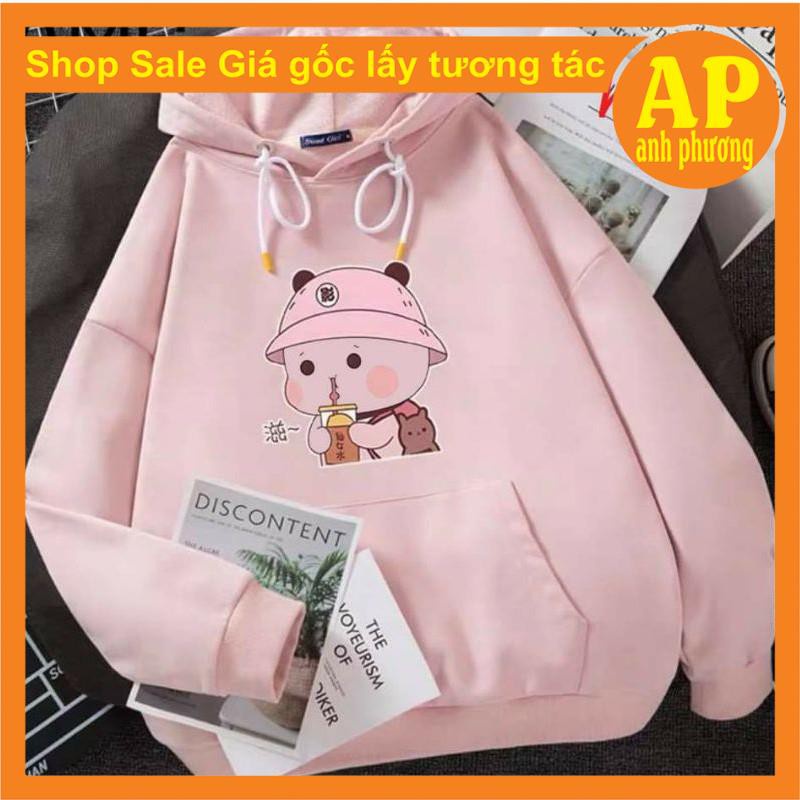 Áo hodie em bé mũ hồngChất liệu nỉ bôngform thụng nam nữ kiểu dáng unisexcó túi bụng và dây rút mũ