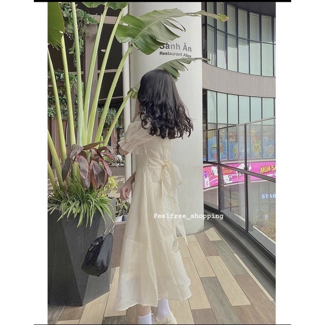 Đầm Be Cổ Vuông 2 Lớp Tay Phồng Ngắn Thắt Nơ Eo Mặc Đi Tiệc, Đi Chơi, Kỷ Yếu (Hình Thật) D012