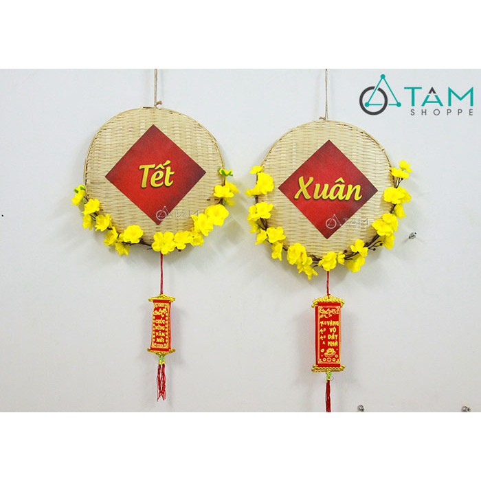 [HANDMADE DÀY ĐẸP] Vòng treo cửa Tết mẹt tre hoa mai ĐK 30cm T-VTC-11