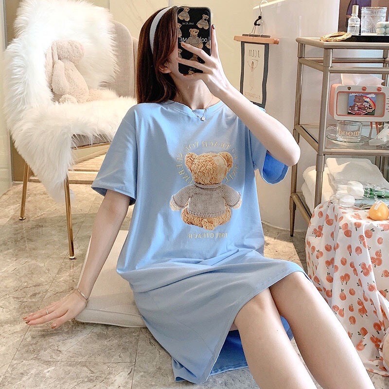 Váy ngủ ngắn tay dáng xuông 🍄HÀNG QUẢNG CHÂU🍄Đồ ngủ  pijama  sexy chất cotton thoáng mát co giãn tốt