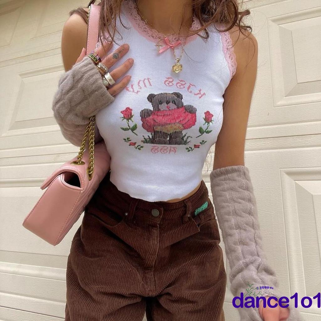 ❉Ad✩Áo Tank Top Cổ Tròn Hoạ Tiết Gấu Hoạt Hình Thời Trang Mùa Hè Cho Phái Nữ