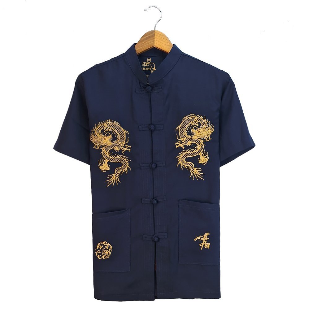 Áo sơ mi nam cổ tàu trung niên chất đũi dày dặn mềm mát loại áo sơ mi nam tay ngắn thêu rồng ADUI16