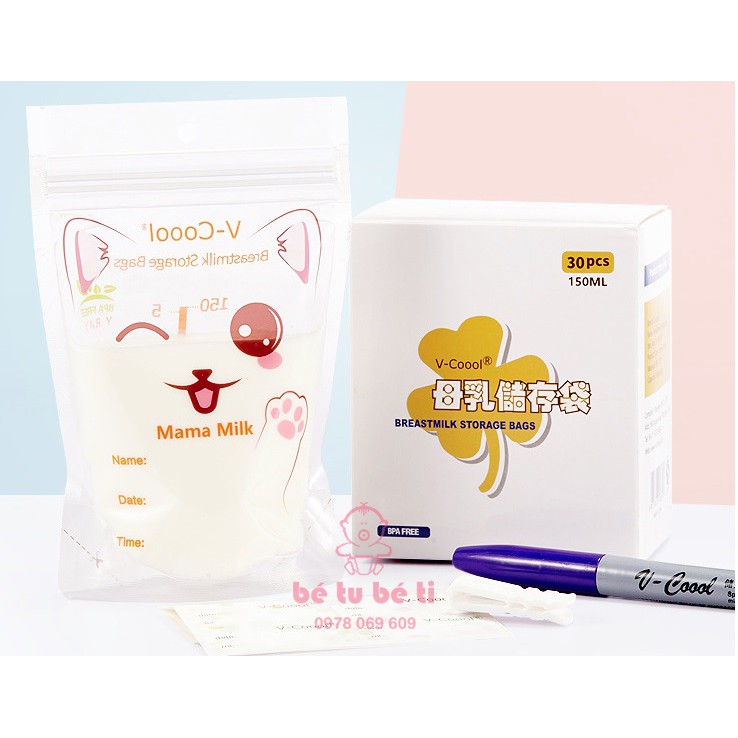 Hộp 30 túi trữ sữa Vcoool dung tích 100 -260ml (Tặng bút ghi thông tin)