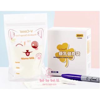 Hộp 30 túi trữ sữa Vcoool dung tích 100 -260ml (Tặng bút ghi thông tin)