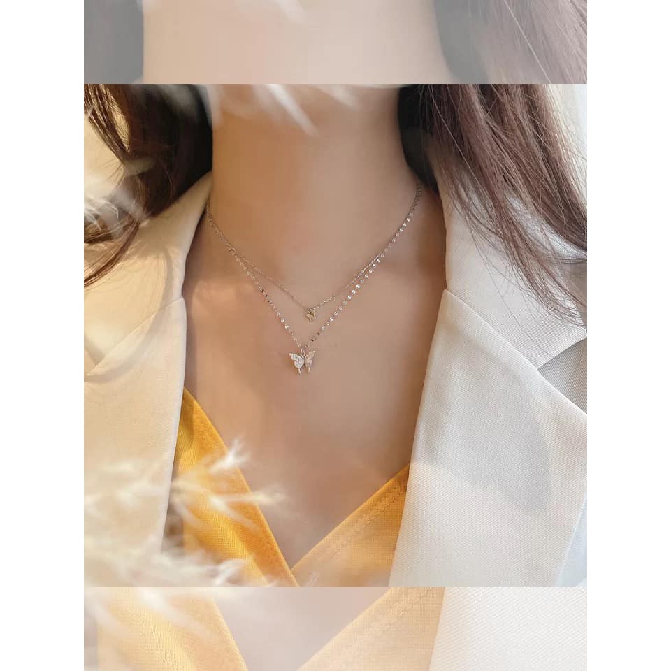 Dây chuyền bạc nữ dây đôi hồ điệp,Dây chuyền hồ điệp xinh bạc 925-Minh Tâm Jewelry