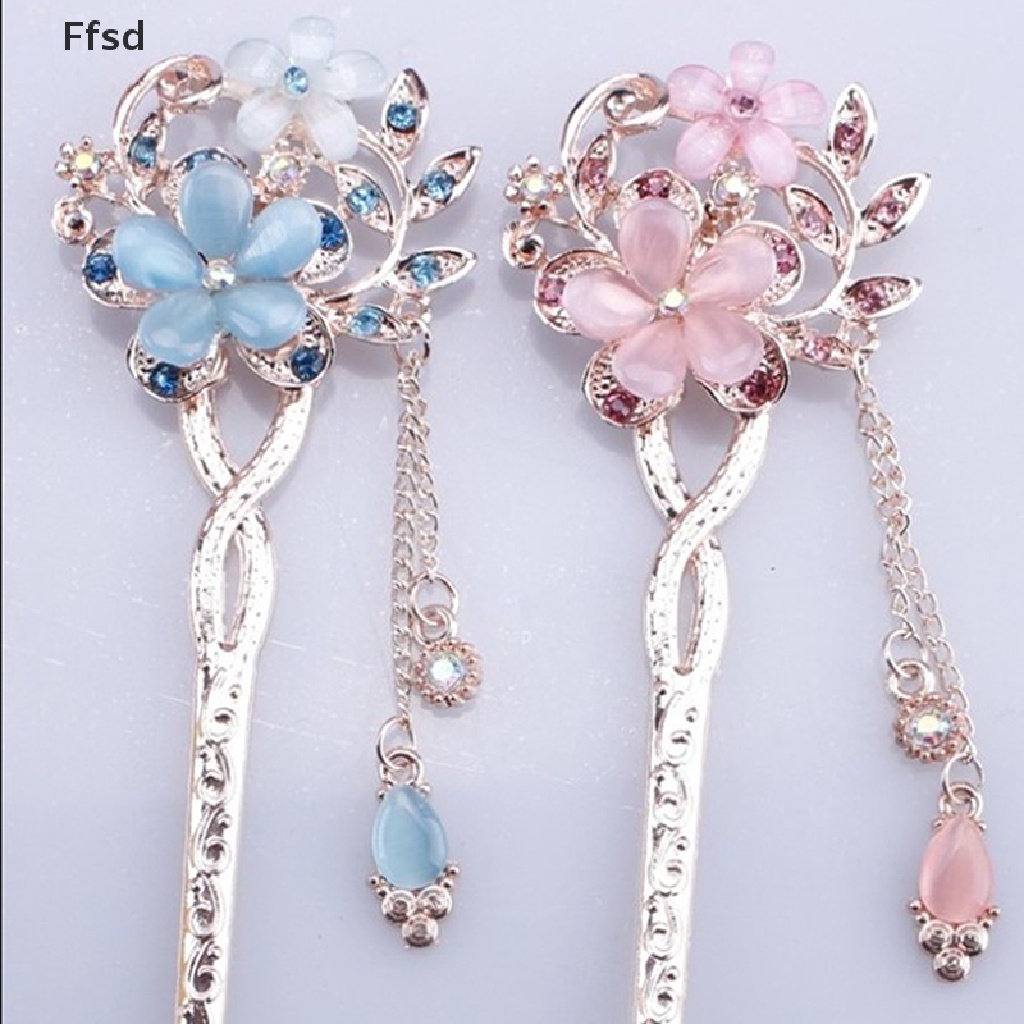 {Ffsd} Kẹp Tóc Đính Đá Mắt Mèo Đôi Hình Bông Hoa