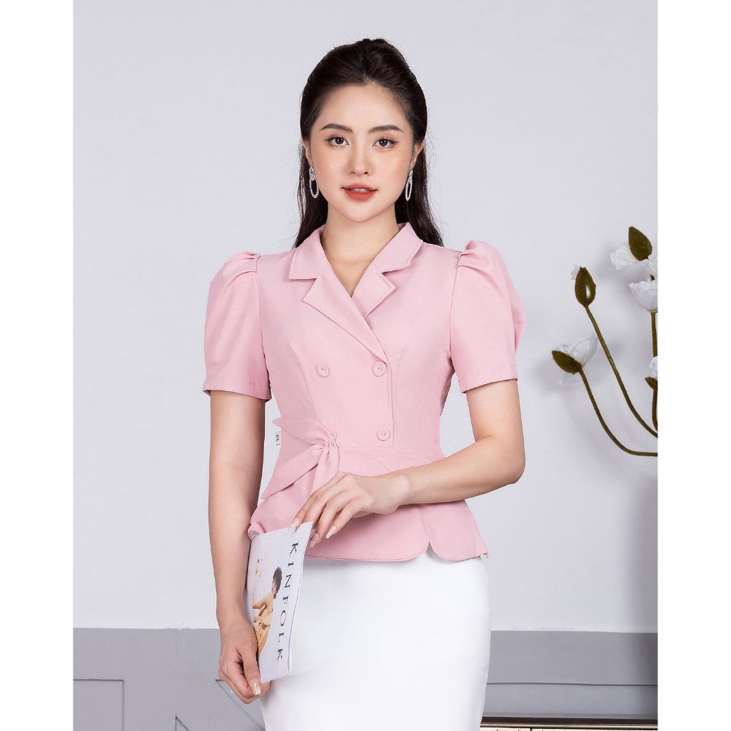 Áo Sơ Mi Nữ NK Fashion Thiết Kế Giao Cúc Cổ Vest Kết Hợp Tay Bồng Chiết Eo, Chất Liệu Nhập Hàn Cao Cấp NKSM2205003
