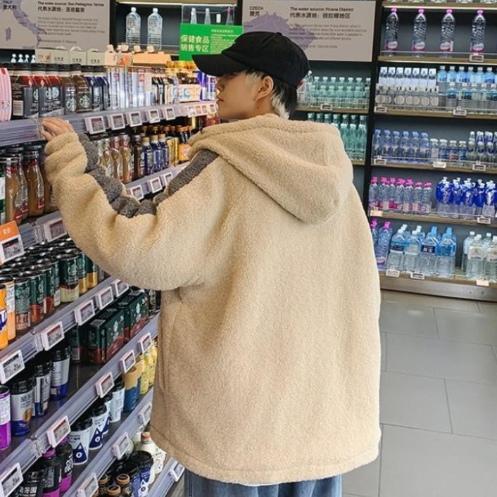 Áo khoác lông cừu tay dài dáng rộng có khóa kéo kiểu Hàn phong cách mùa đông thanh lịch thoải mái dành cho nam