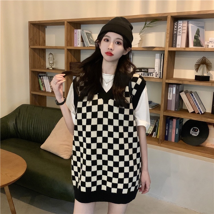 Áo len không tay cổ chữ V dáng rộng họa tiết sọc caro phong cách Retro | BigBuy360 - bigbuy360.vn