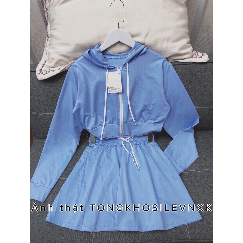 Set Áo Khoác Hoodie Dài Tay Croptop Mix Quần Short 4 Màu Đen Trắng Xanh Hồng - Set Đồ Bộ Ulzzang