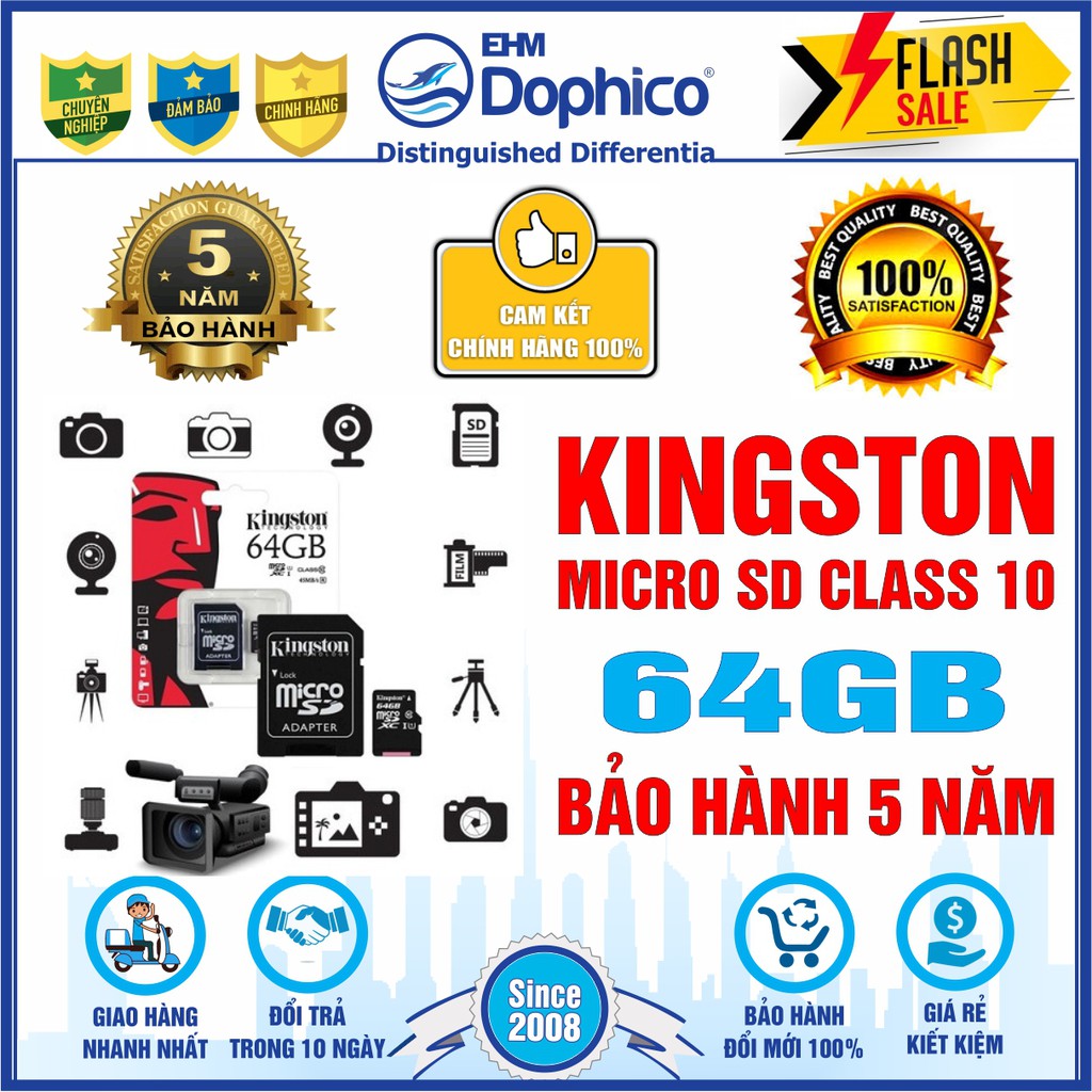 Thẻ nhớ Kingston 64GB – KINGSTON MicroSD Class10 – CHÍNH HÃNG – Bảo hành 5 năm – Kèm Adapter