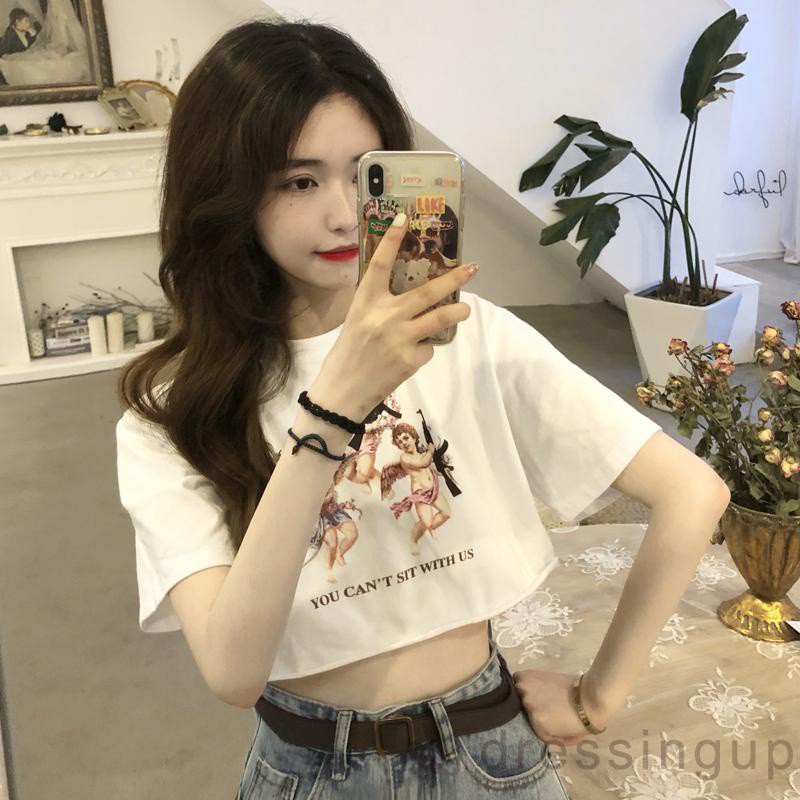 Áo thun hở bụng tay ngắn cổ tròn thời trang đơn giản in hình thiên thần và chữ cái dành cho bạn nữ | BigBuy360 - bigbuy360.vn