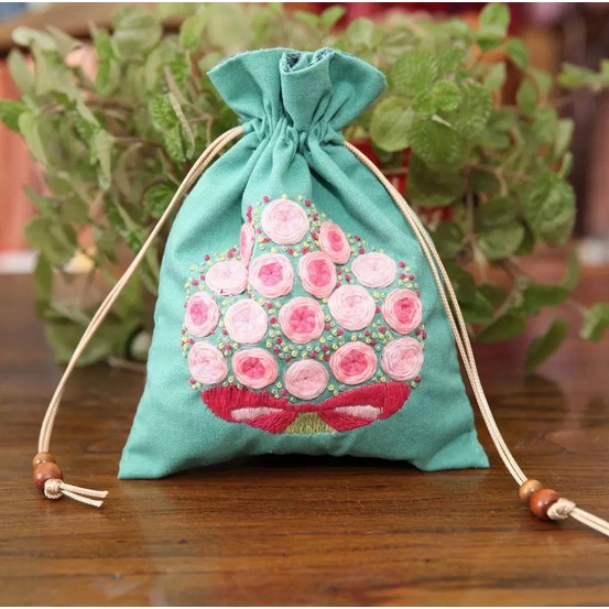 Bộ kit nguyên liệu túi thêu dây rút / Tote hoa lá vintage tự thêu đầy đủ handmade decor nhà cửa MIE Handmade