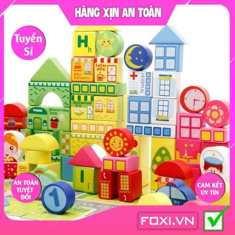 Bộ xếp hình khối mô hình thành phố thu nhỏ bằng gỗ-Có tranh ghép nền-Giúp bé tăng khả năng sáng tạo-Rèn luyệnsự khéo léo