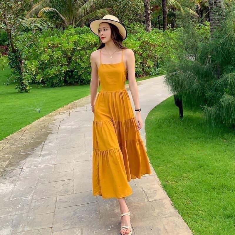 Đầm đi biển-Váy MAXI chất đũi 3 tầng dây điều chỉnh-có dây buộc sau(ảnh thật shop chụp) | BigBuy360 - bigbuy360.vn