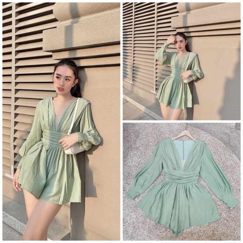 Set bộ jumsuit xoè  cổ V sang chảnh màu xanh min ,jum nữ cao cấp ,jum đi tiệc Mi Clothing