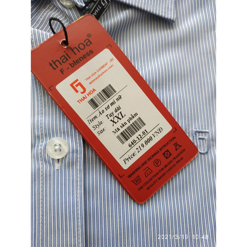 Áo Thái Hòa sọc xuôi màu xanh biển nhã nhặn 640