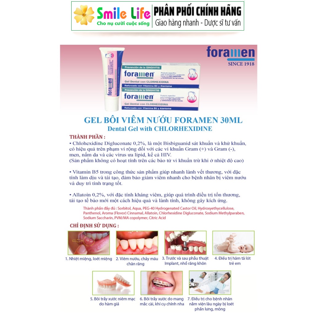 SMILE LIFE | Gel bôi Nhiệt Miệng, Viêm Nướu, Trầy Xước Niêm Mạc, Chảy Máu Chân Răng - Foramen ® 36g
