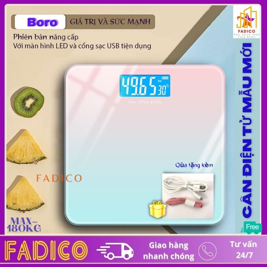 [HCM]Cân sức khỏe gia đình Boro sạc USB mặt kính cường lực 4mm,Cân điện tử độ màn hình LCD chính xác cao -FADICO